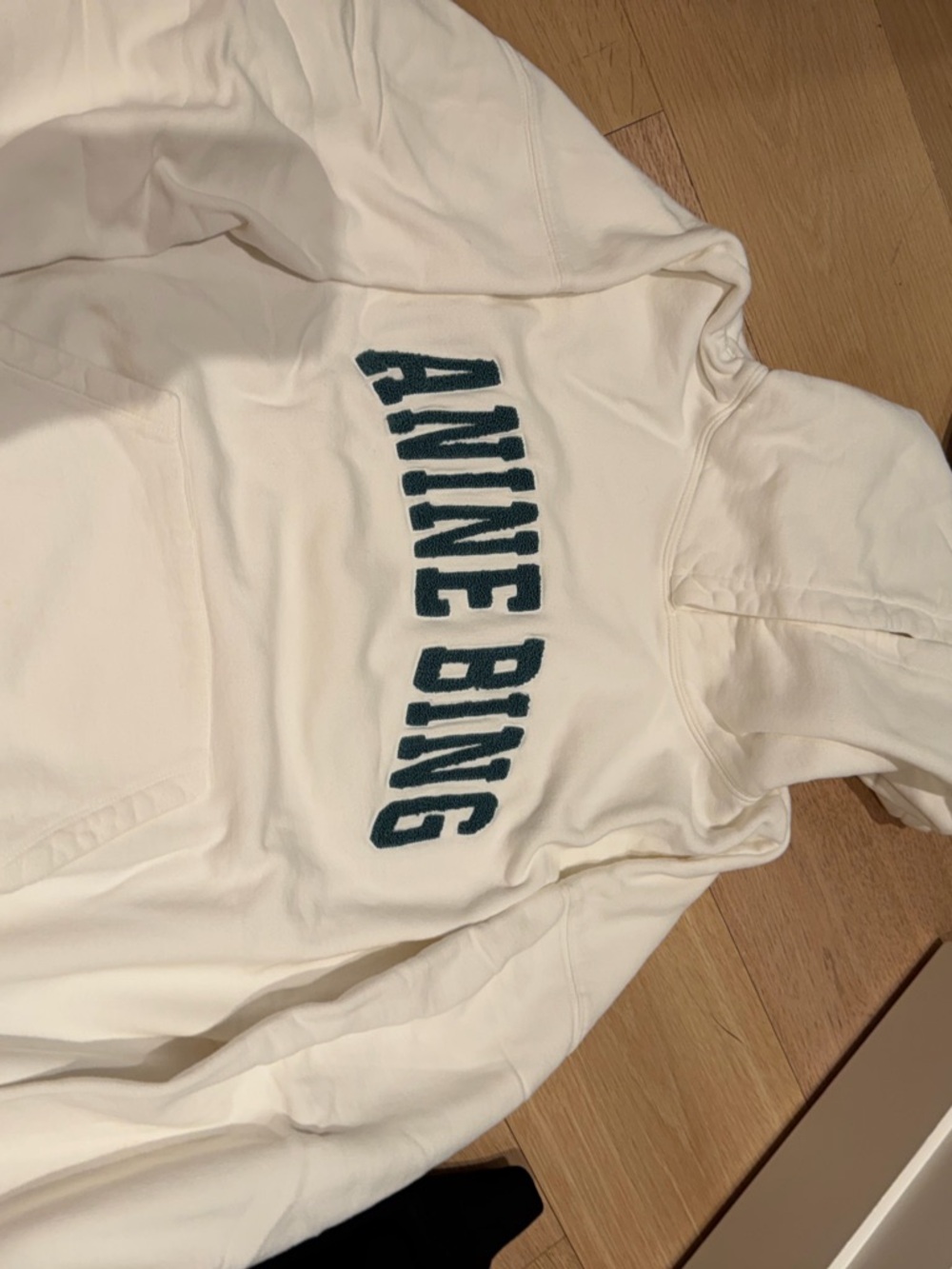 Anine Bing Cream Hoodie with Dark Teal Logo